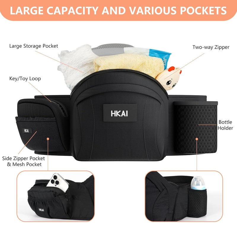 HKAI Baby Hip Carrier,Baby Carrier with Adjustable Waistband & Breathable Mesh, Ergonomic Carrier with Non-Slip Hip Seat Surface for Newborns & Toddlers (Black) - Image 2